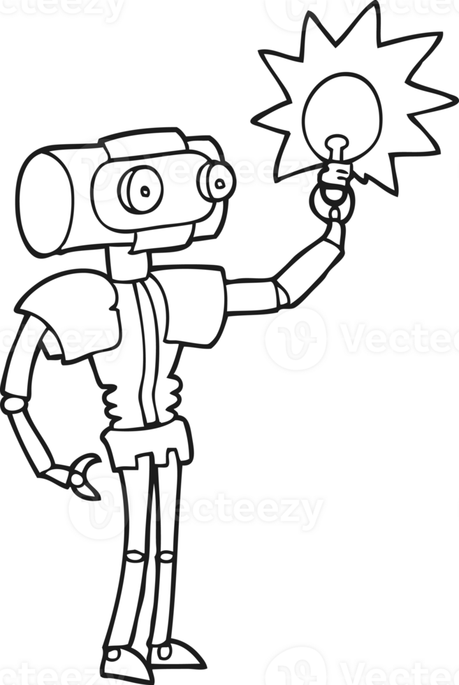 black and white cartoon robot with light bulb png