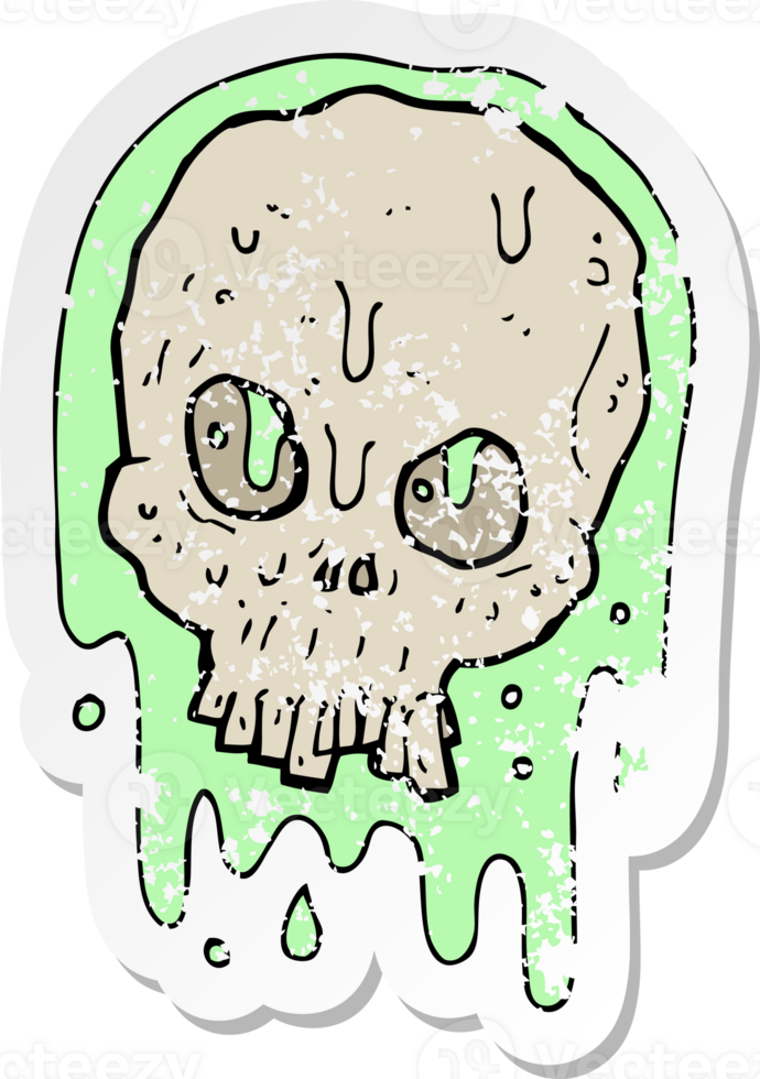retro distressed sticker of a cartoon slimy skull png