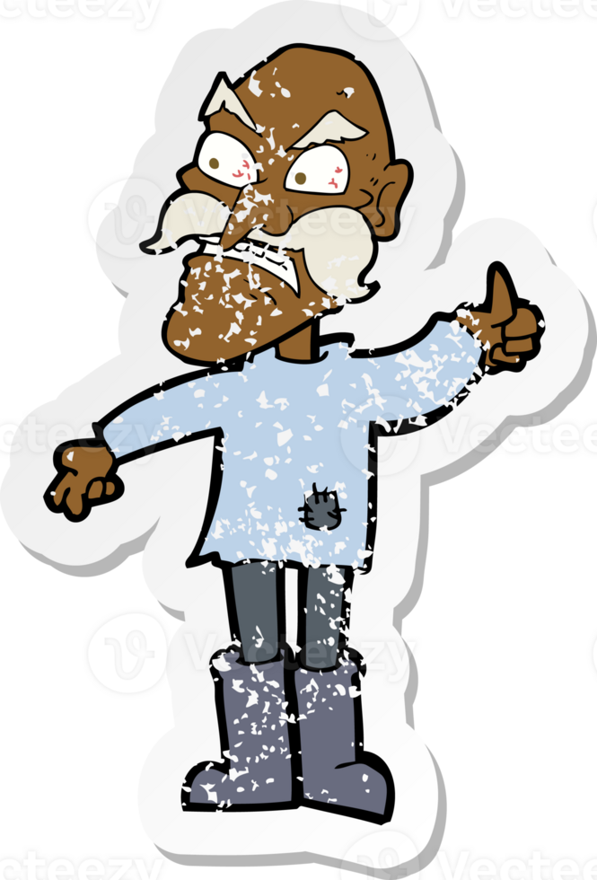 retro distressed sticker of a cartoon angry old man in patched clothing png