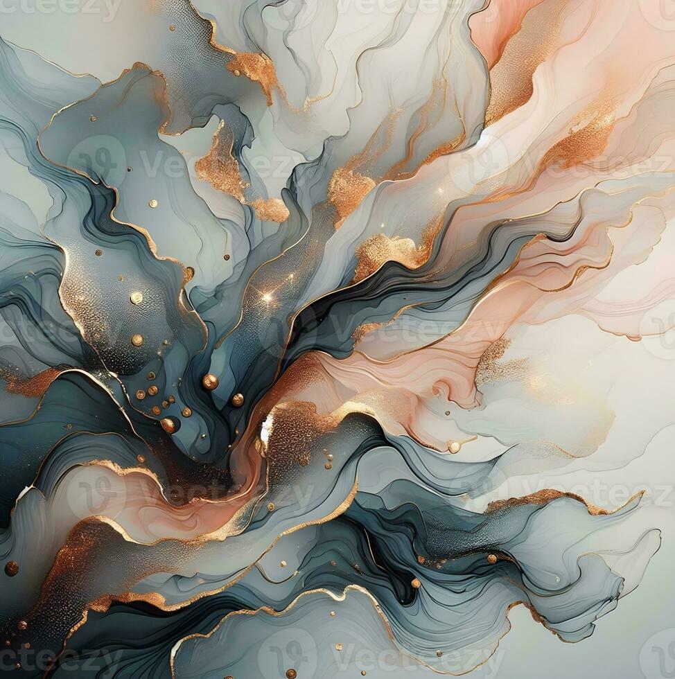 Natural luxury abstract fluid art illustration with liquid ink technique. Wallpaper with soft and beautiful shades. The mix of colors creates transparent waves and an embossed effect of gold streaks. photo