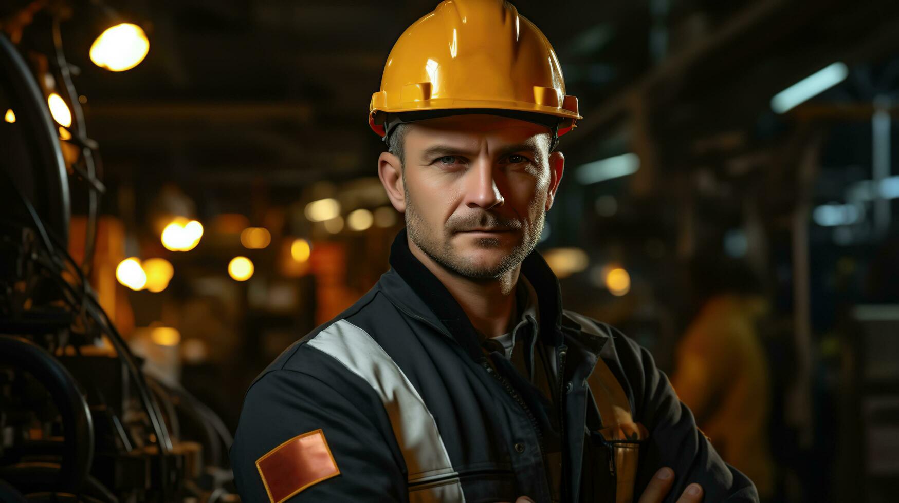AI generated Smart handsome constructor worker wearing a hard hat. Generative Ai. photo