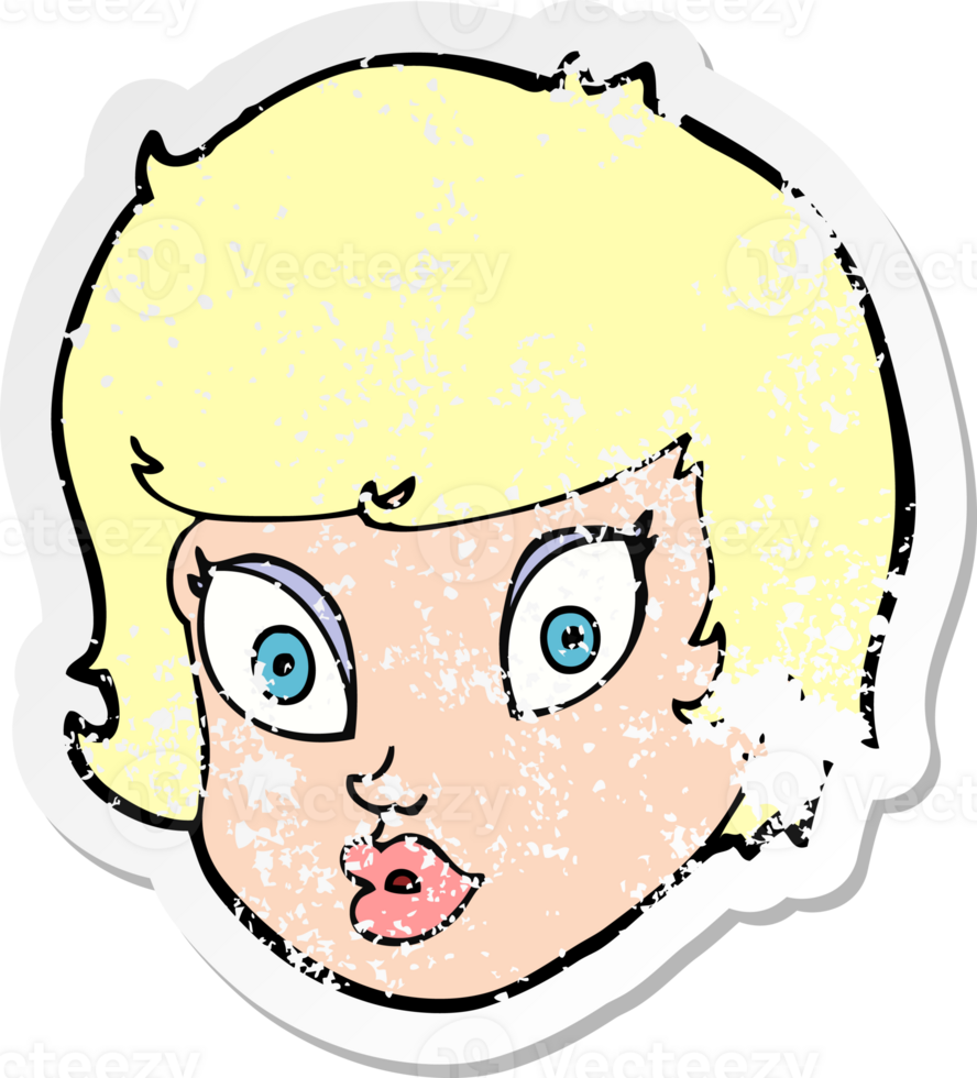 retro distressed sticker of a cartoon surprised female face png