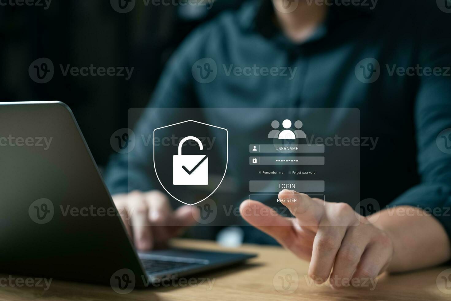 Cyber security and data protection, businessman using laptop Internet network security system, protecting business and financial transaction data from cyber-attacks, secure data encryption. photo