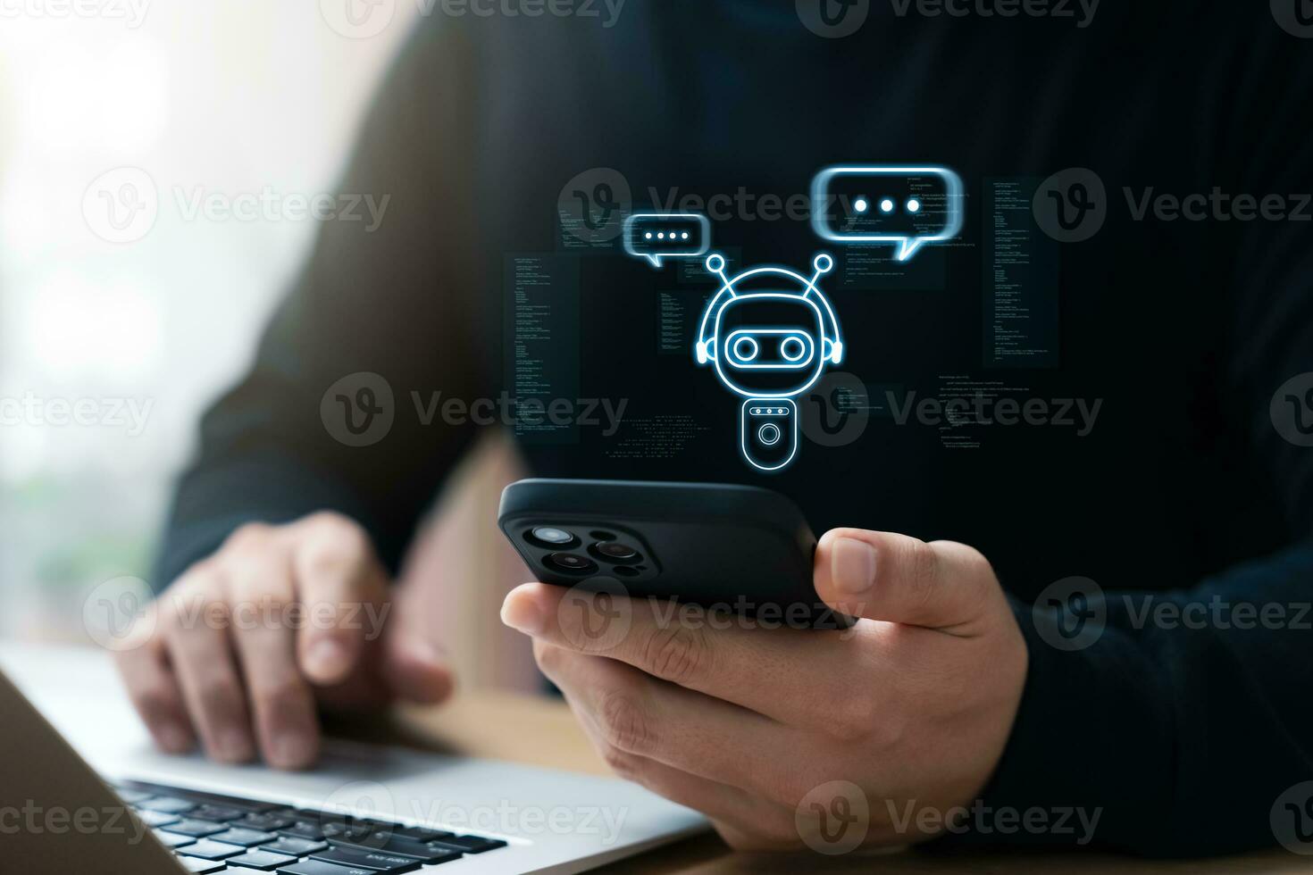 poder de ai mejorar tu negocio comunicación. empresario utilizando teléfono inteligente a conectar con ai chatbot, Proporcionar inteligente respuestas a complejo preguntas. abrazo el futuro de problema resolviendo foto