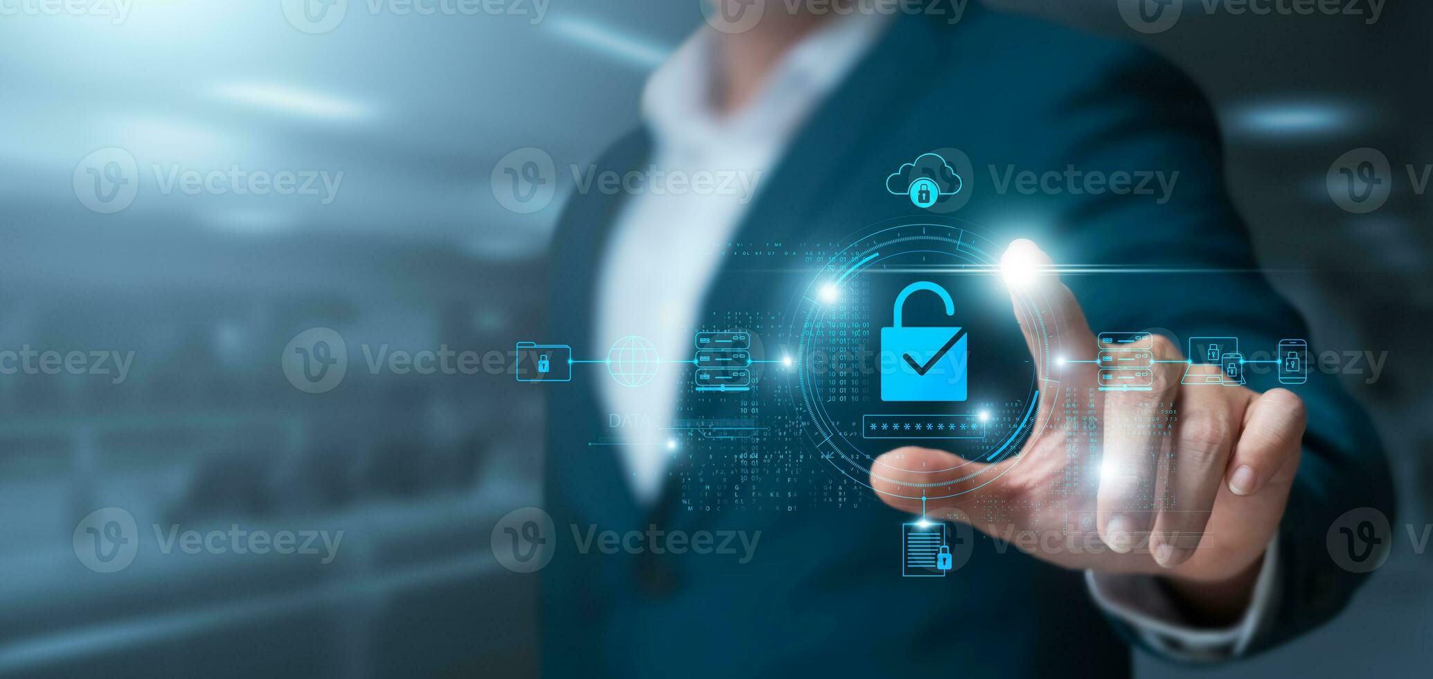 Cyber security and network data protection, businessman touch internet network security padlock, encryption security of personal data of users, smart protection against digital attacks. photo