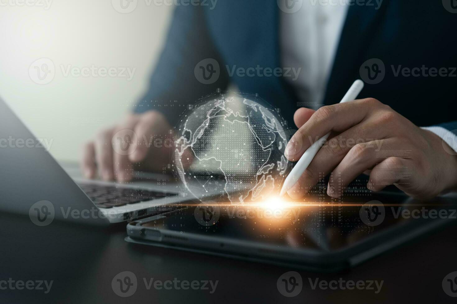 Global connection network structure, businessman using laptop and tablet to connect social network, business strategy analysis, finance and banking, technology, innovation and communication concept. photo