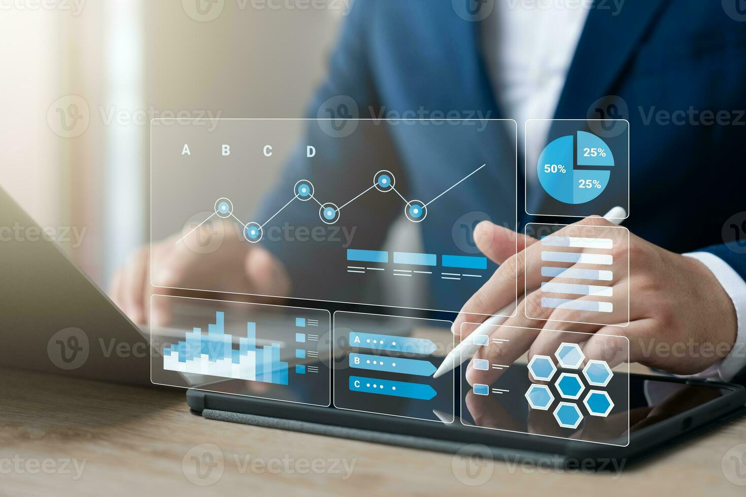 Businessman use laptop and tablet analyzing company growth, future business growth arrow graph, development to achieve goals, business outlook, financial data for long term investment. photo