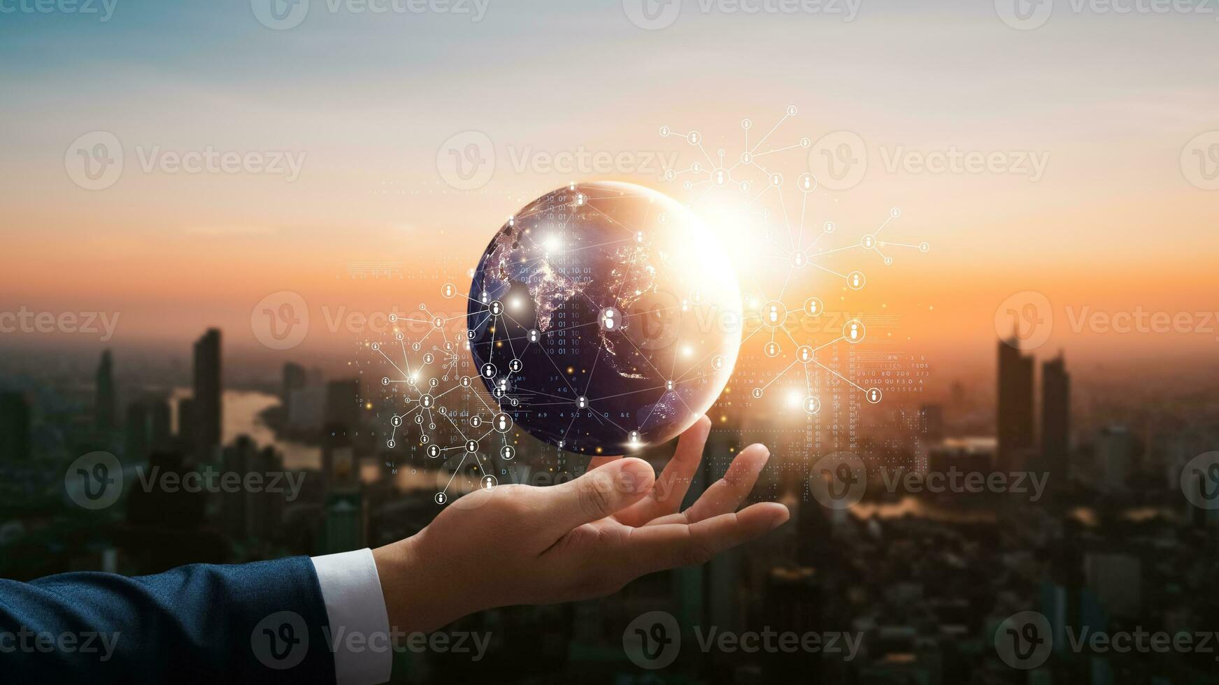 Global connection network structure, Businessman holding global social network, business strategy analysis. Finance and banking, technology. Innovation and communication concept. photo