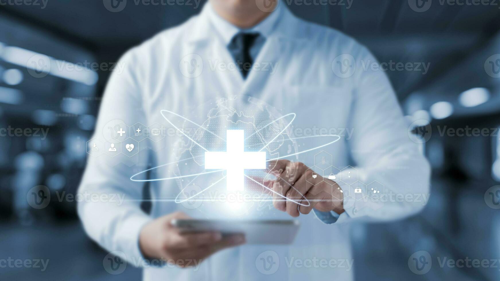 futuristic world of healthcare with doctors and digital technology, Global networking for medical support, Join the digital health community. photo