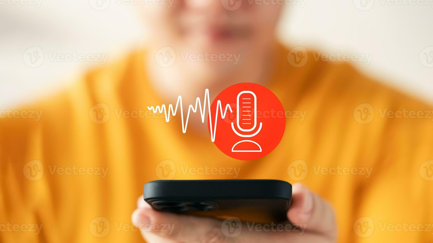 Modern Voice Recording, Hand Holding Microphone Icon on Smartphone Capture Sound, Music, and Voice Messages with this Voice Recording App. Use AI Enabled Internet Search for Easy Access to Information photo