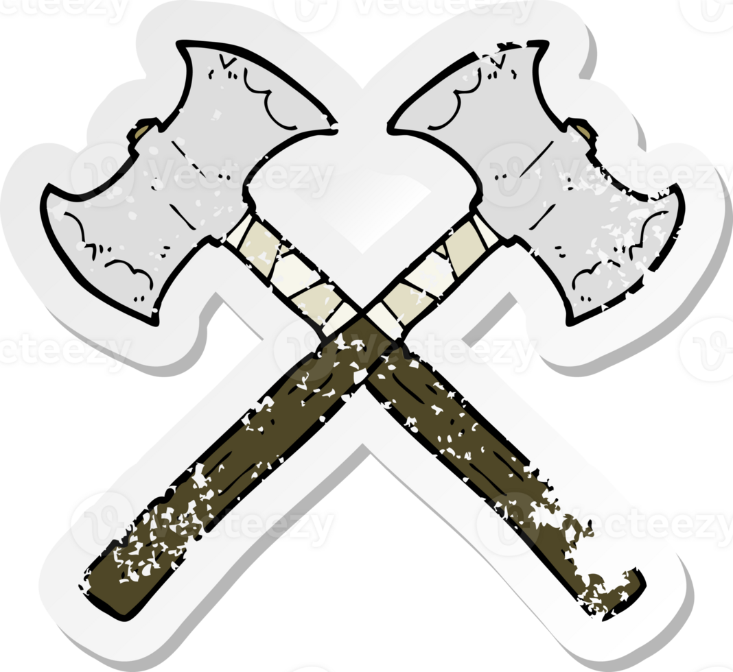 retro distressed sticker of a cartoon crossed axes png