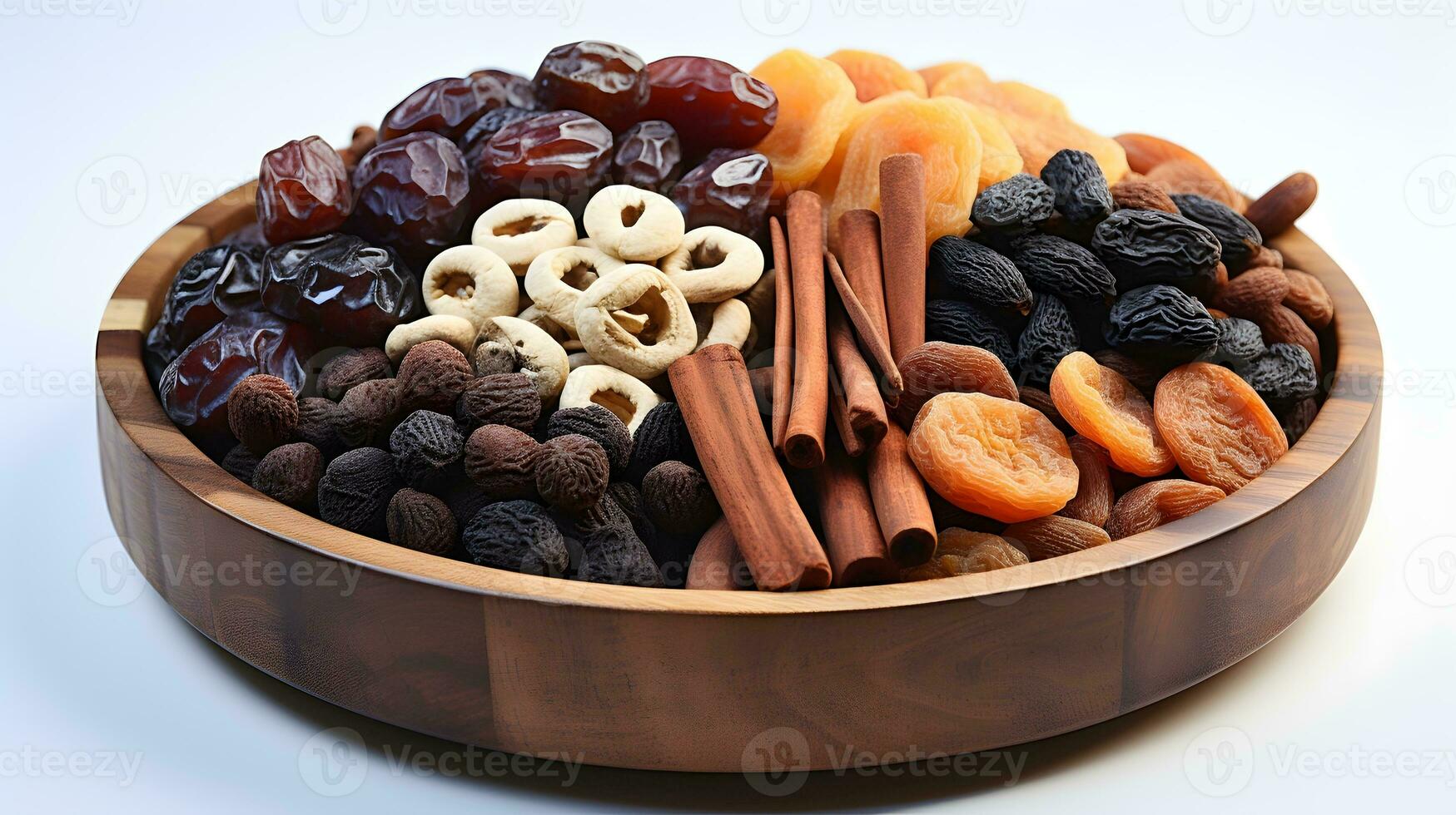 AI generated dried fruits and dates in a wooden bowl photo