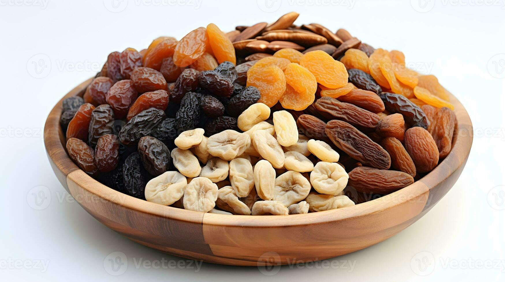 AI generated dried fruits and dates in a wooden bowl photo