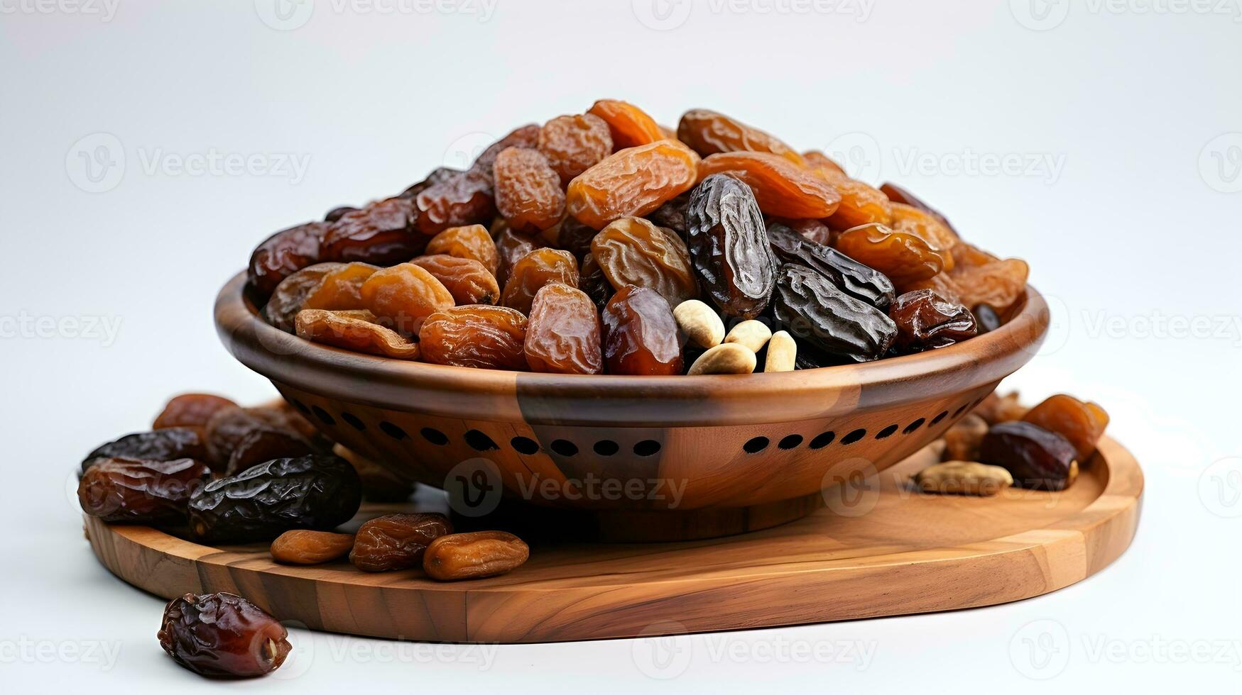 AI generated dried fruits and dates in a wooden bowl photo