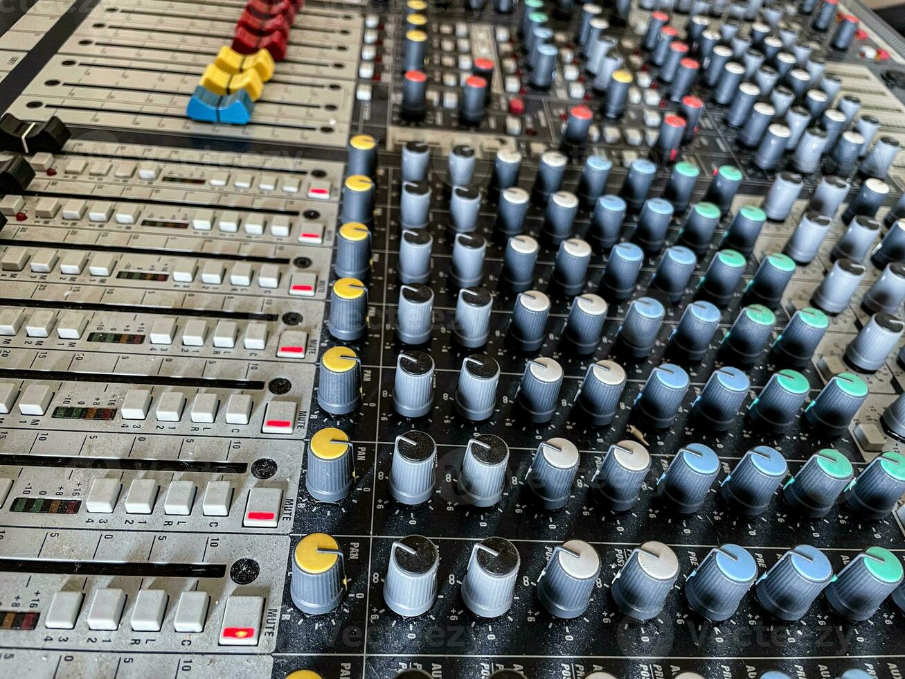 Mixer control. Music engineer. Backstage controls on an audio mixer, Sound mixer. Professional audio mixing console with lights, buttons, faders and sliders. sound check for concert. photo