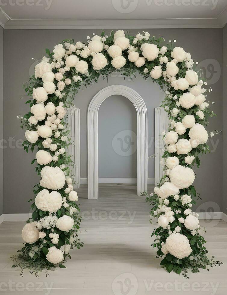 AI generated Modern indoor wedding backdrop with abstract floral arrangements photo