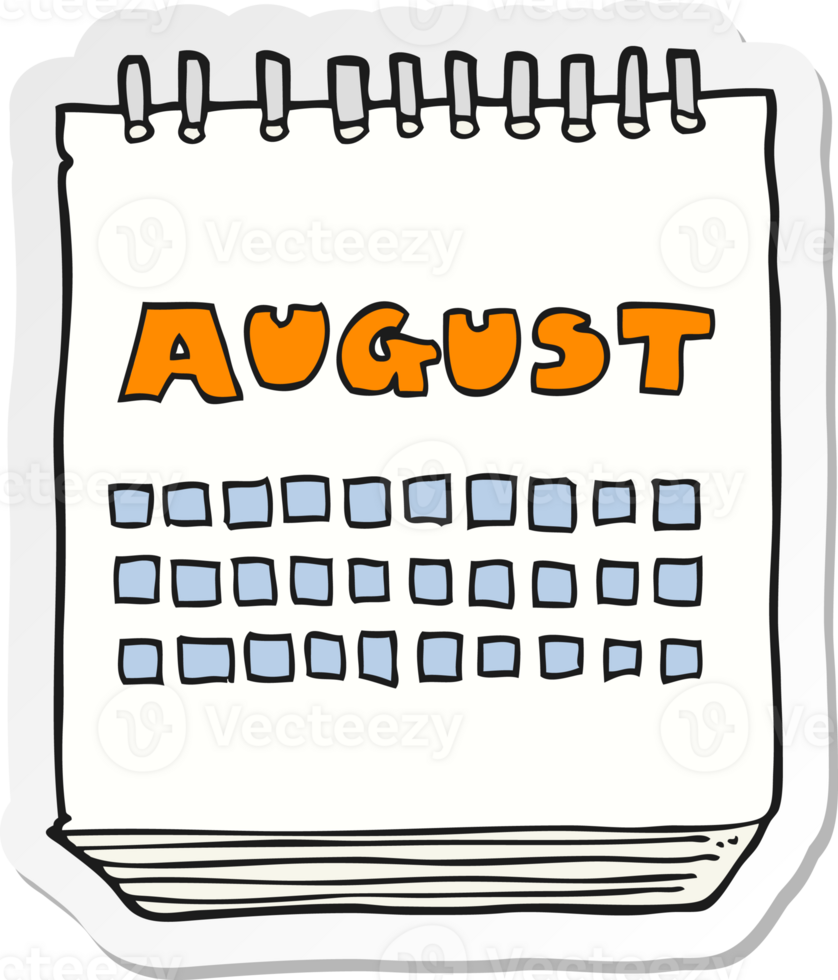 sticker of a cartoon calendar showing month of august png