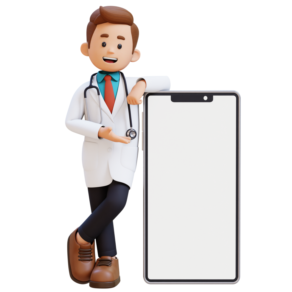 3D Doctor Character Presenting and Lying on Big Empty Phone Screen. Suitable for Medical content png