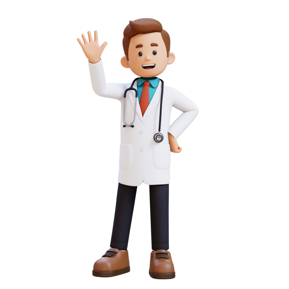 3d médico personagem acenando mão pose. adequado para médico conteúdo png