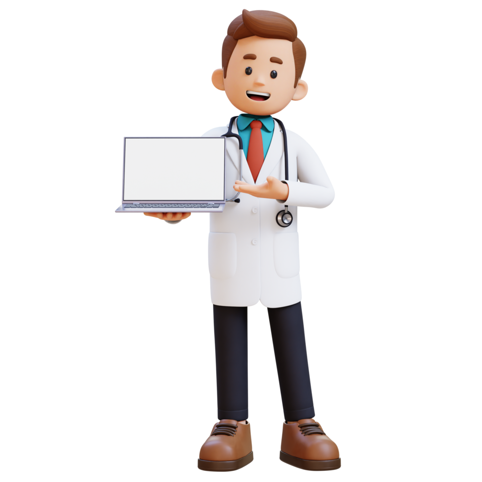 3D Doctor Character Presenting on Empty Computer Screen. Suitable for Medical content png