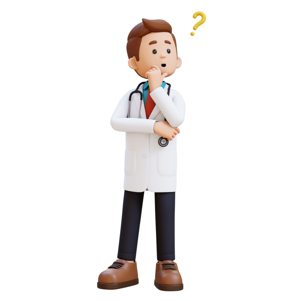 3D Doctor Character Confused and Thinking Pose. Suitable for Medical content png