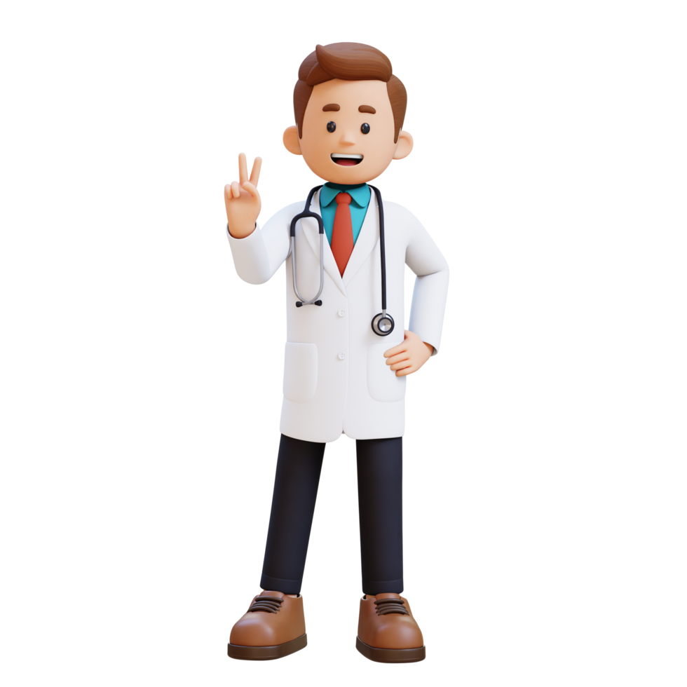 3D Doctor Character Giving Peace Hand Sign Pose. Suitable for Medical content png