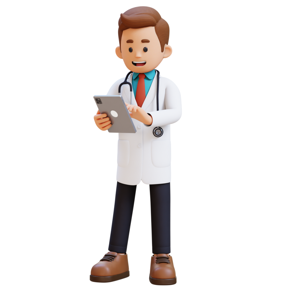 3D Doctor Character Working with a Tablet. Suitable for Medical content png