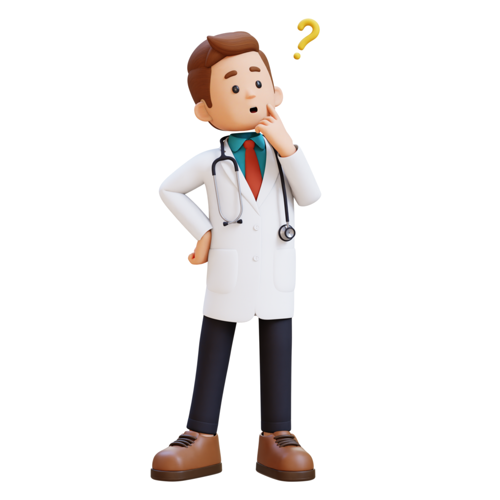 3d médico personagem confuso e pensando pose. adequado para médico conteúdo png