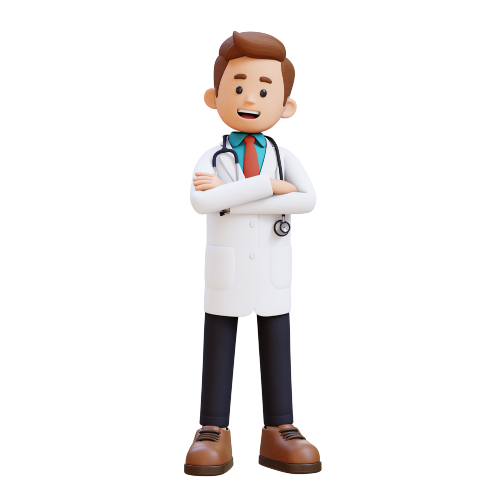 3d médico personagem cruzado braços pose. adequado para médico conteúdo png