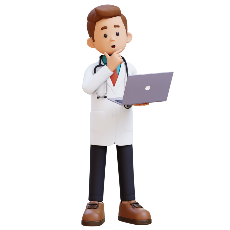 3d médico personaje pensando mientras trabajando en un ordenador portátil. adecuado para médico contenido png