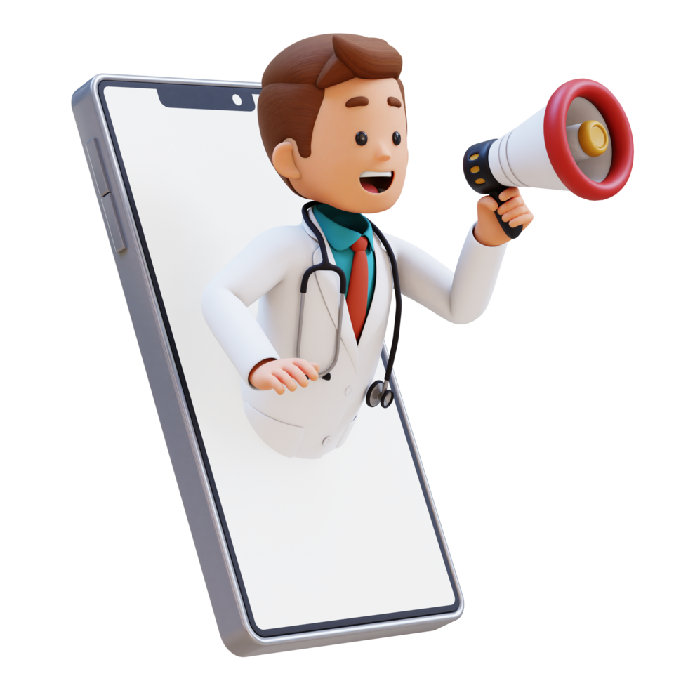 3d médecin personnage sauter de téléphone écran avec mégaphone. adapté pour médical contenu png