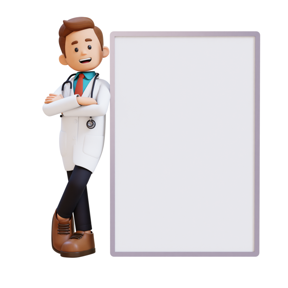 3d médico personagem deitado em em branco cartaz dentro cruzado braço pose. adequado para médico conteúdo png