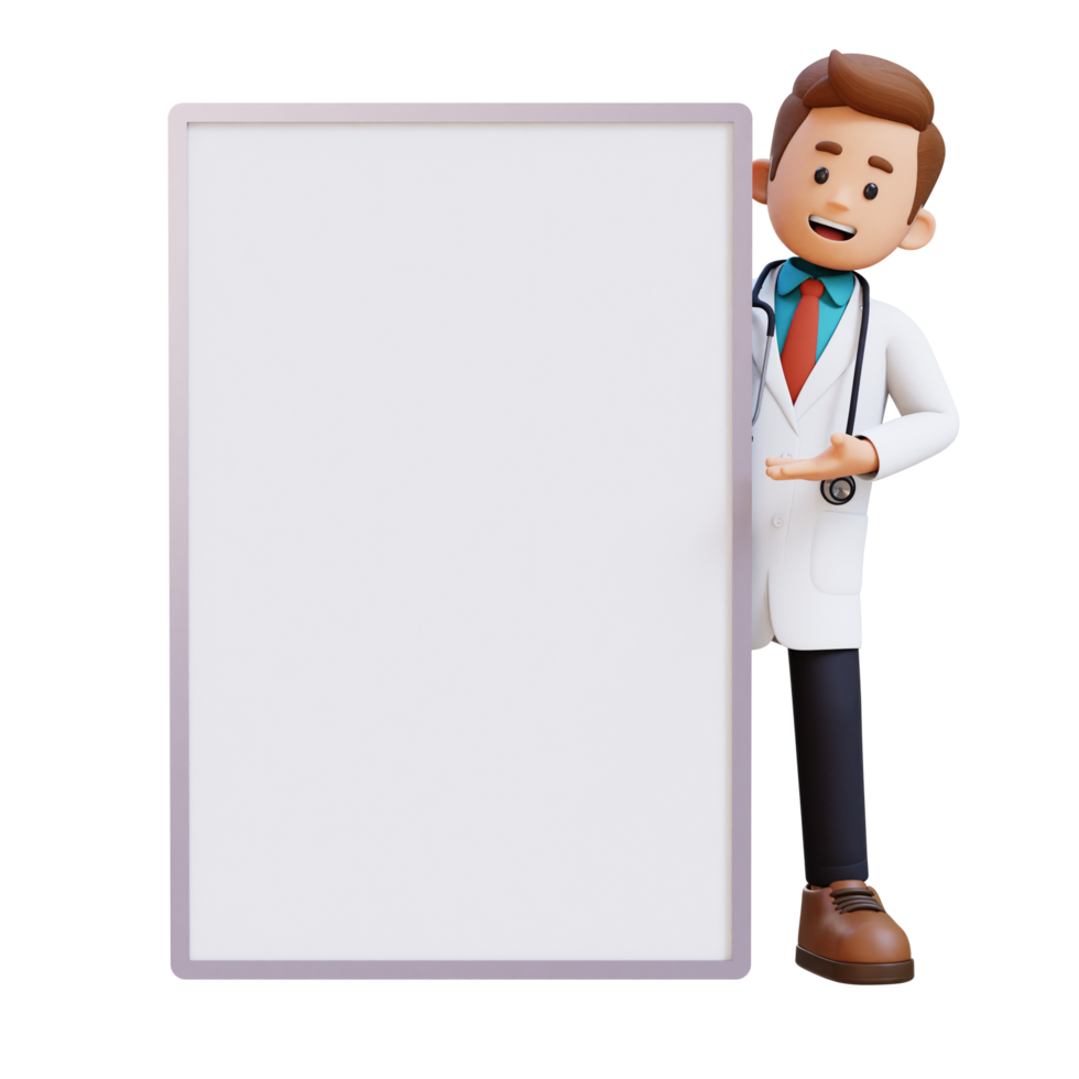 3D Doctor Character Presenting on Blank Placard. Suitable for Medical content png