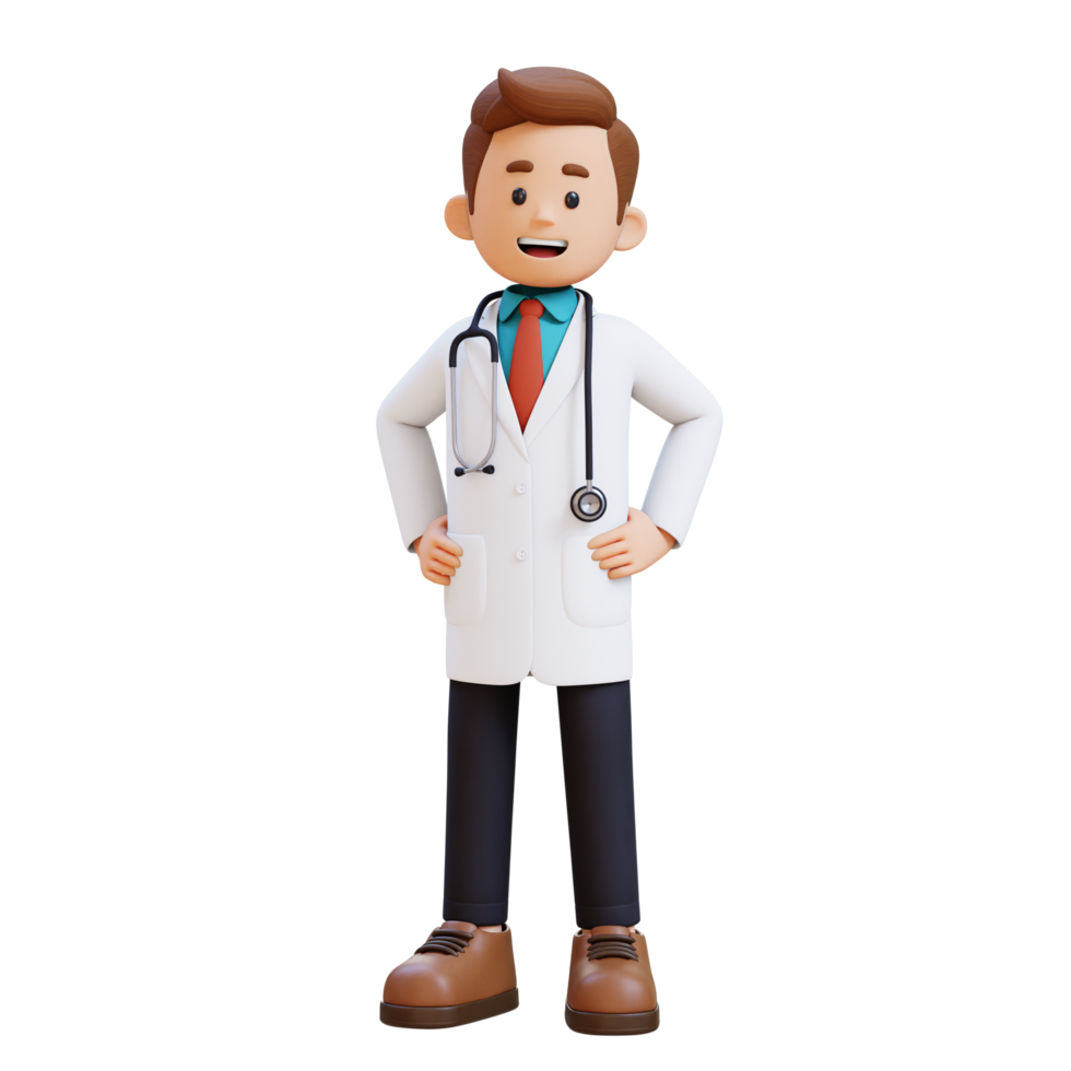 3d médico personaje en pie con mano en cadera. adecuado para médico contenido png