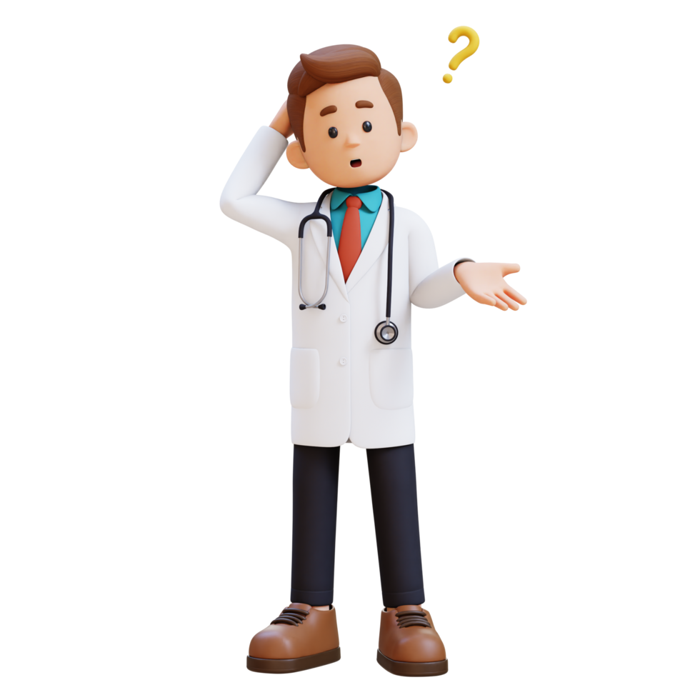 3D Doctor Character Confused and Thinking Pose. Suitable for Medical content png