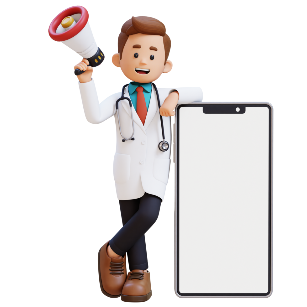 3D Doctor Character Holding Megaphone and Lying on Big Empty Phone Screen. Suitable for Medical content png