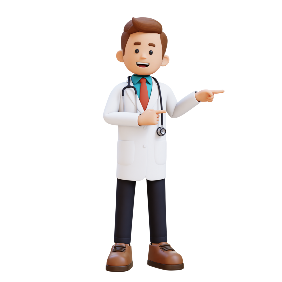 3d médecin personnage montrer du doigt à le la gauche pose. adapté pour médical contenu png