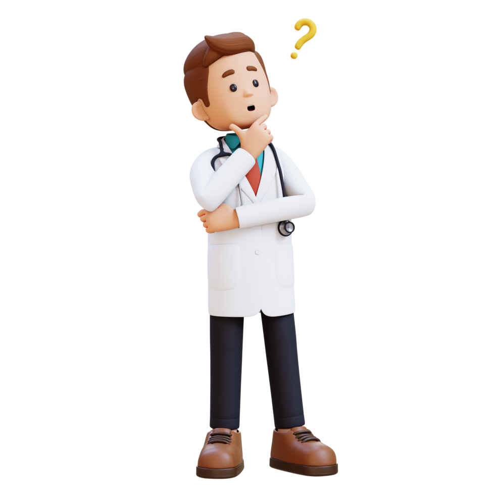 3D Doctor Character Confused and Thinking Pose. Suitable for Medical content png