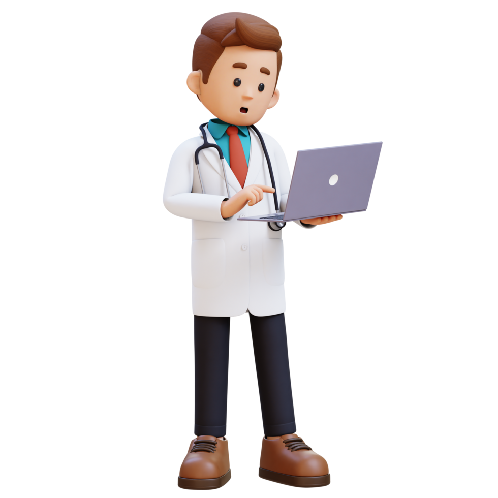 3D Doctor Character Working on a Laptop. Suitable for Medical content png