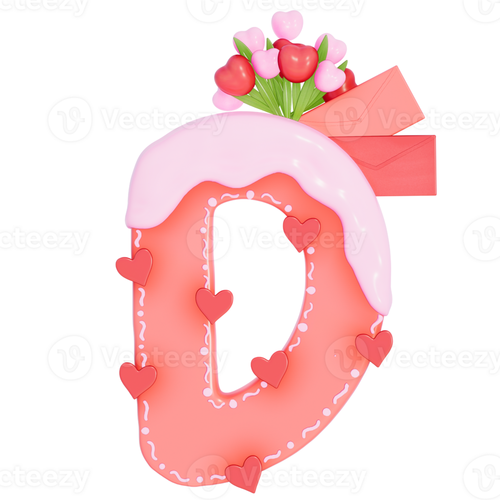 Sweet valentine's day alphabet D with decoration on transparent background , 3D Rendering png