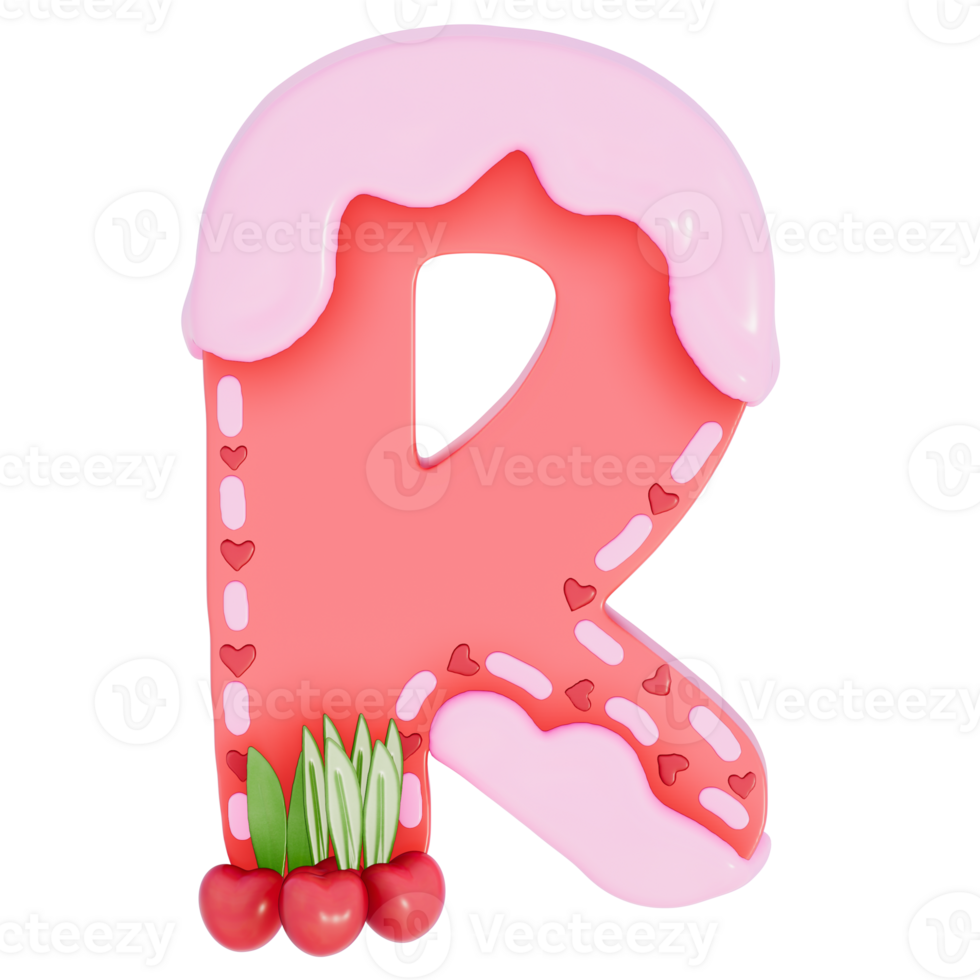 Sweet valentine's day alphabet R with decoration on transparent background , 3D Rendering png