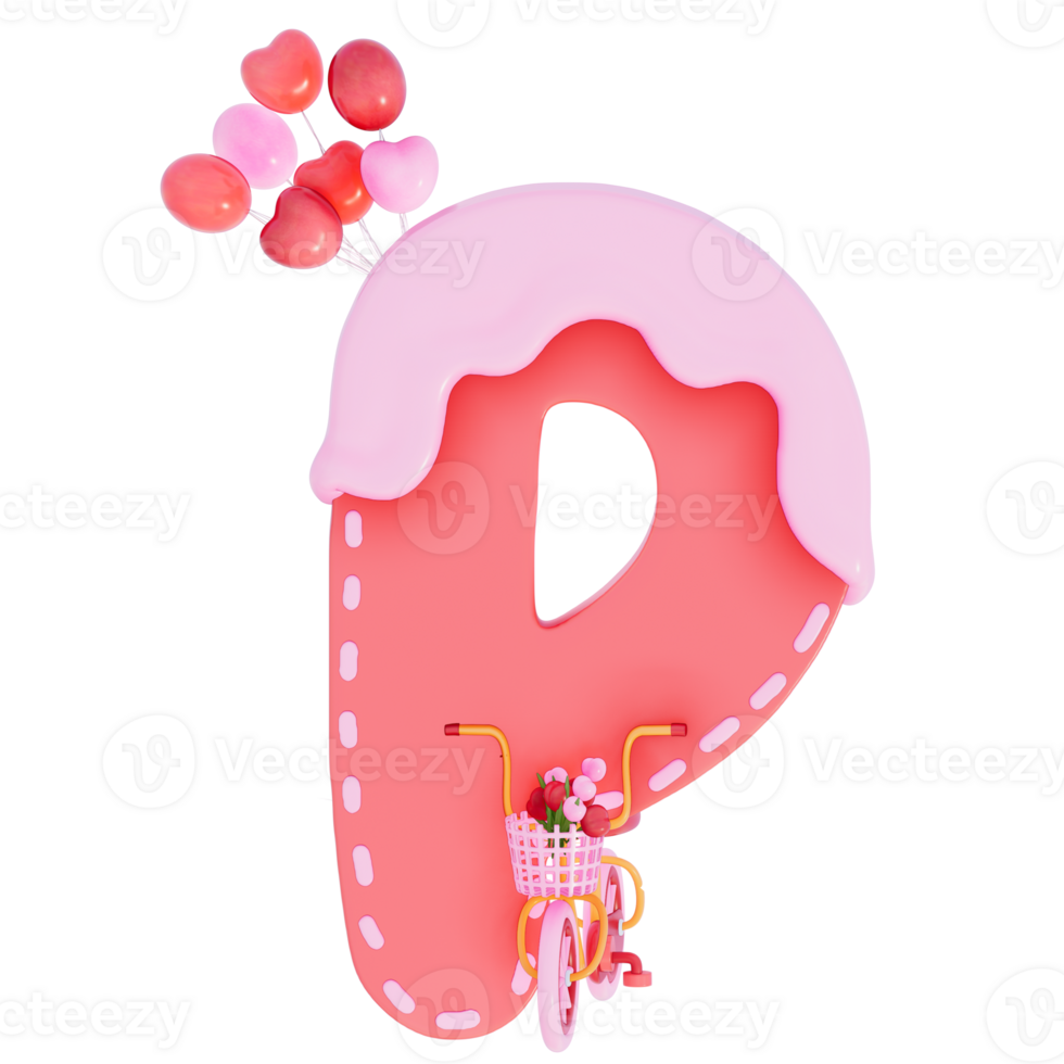 Sweet valentine's day alphabet P with decoration on transparent background , 3D Rendering png
