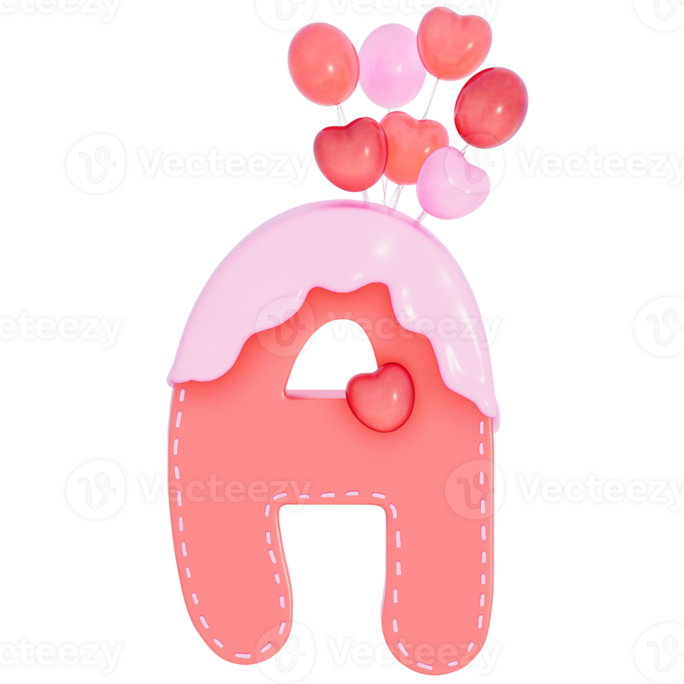 Sweet valentine's day alphabet A with decoration on transparent background , 3D Rendering png