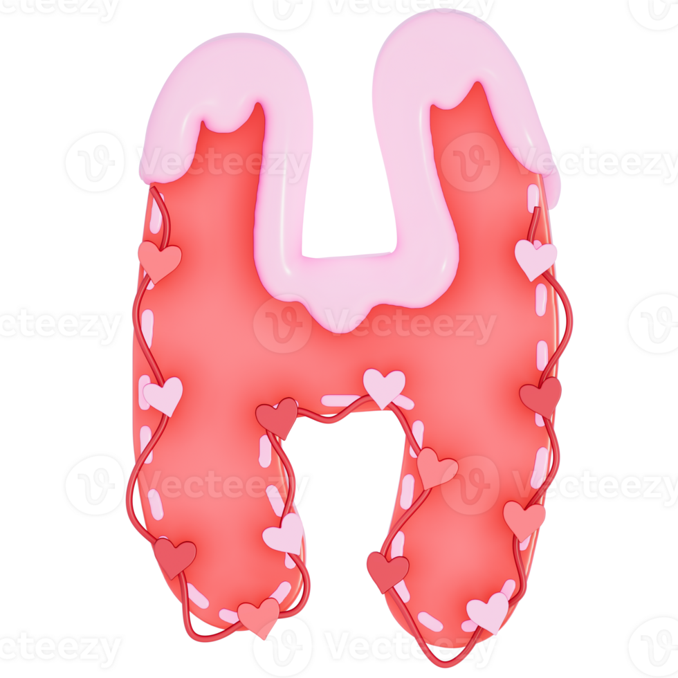 Sweet valentine's day alphabet H with decoration on transparent background , 3D Rendering png