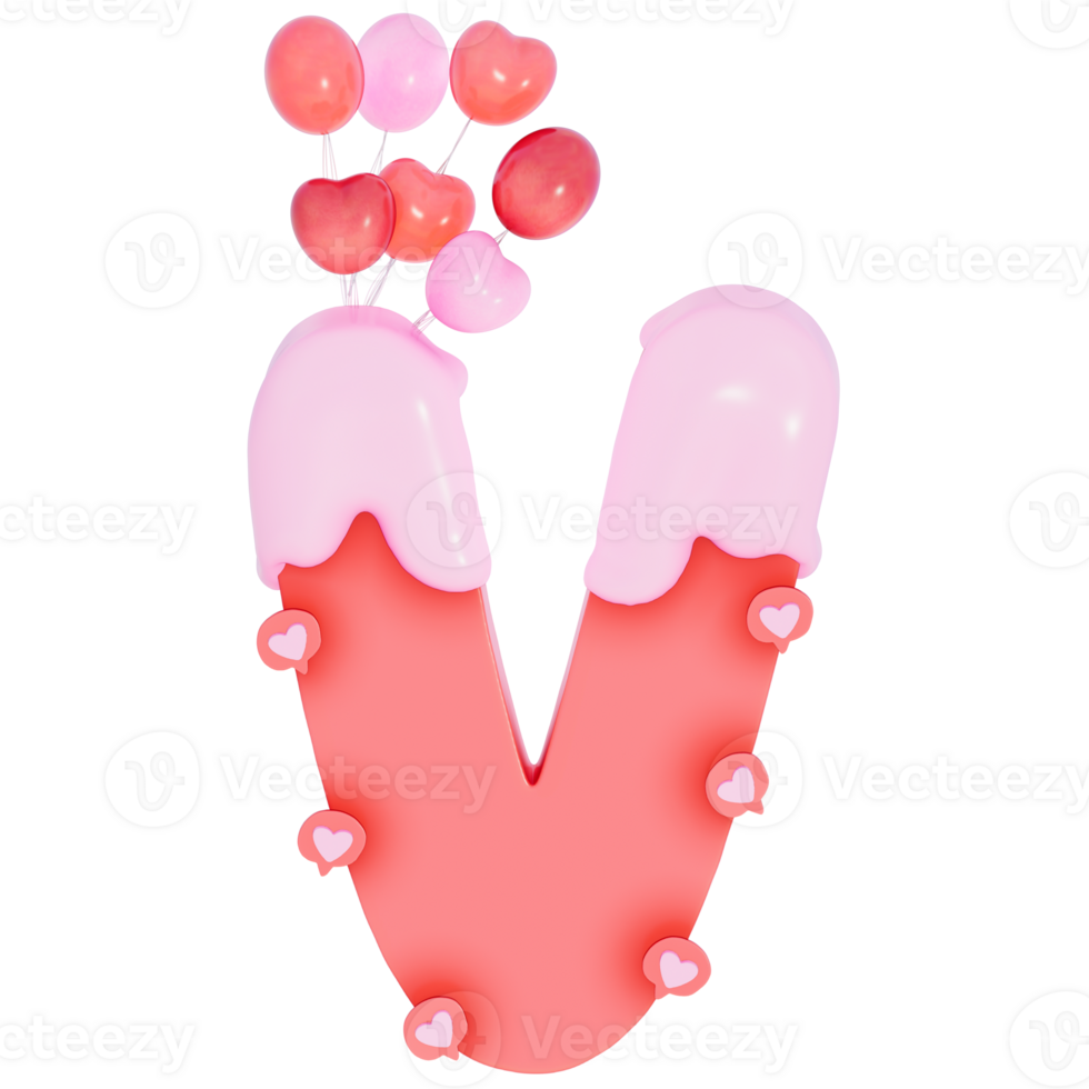 Sweet valentine's day alphabet V with decoration on transparent background , 3D Rendering png