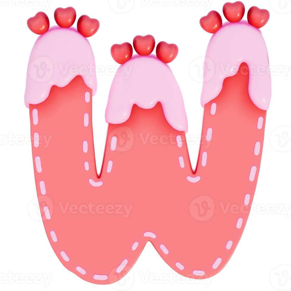 Sweet valentine's day alphabet W with decoration on transparent background , 3D Rendering png