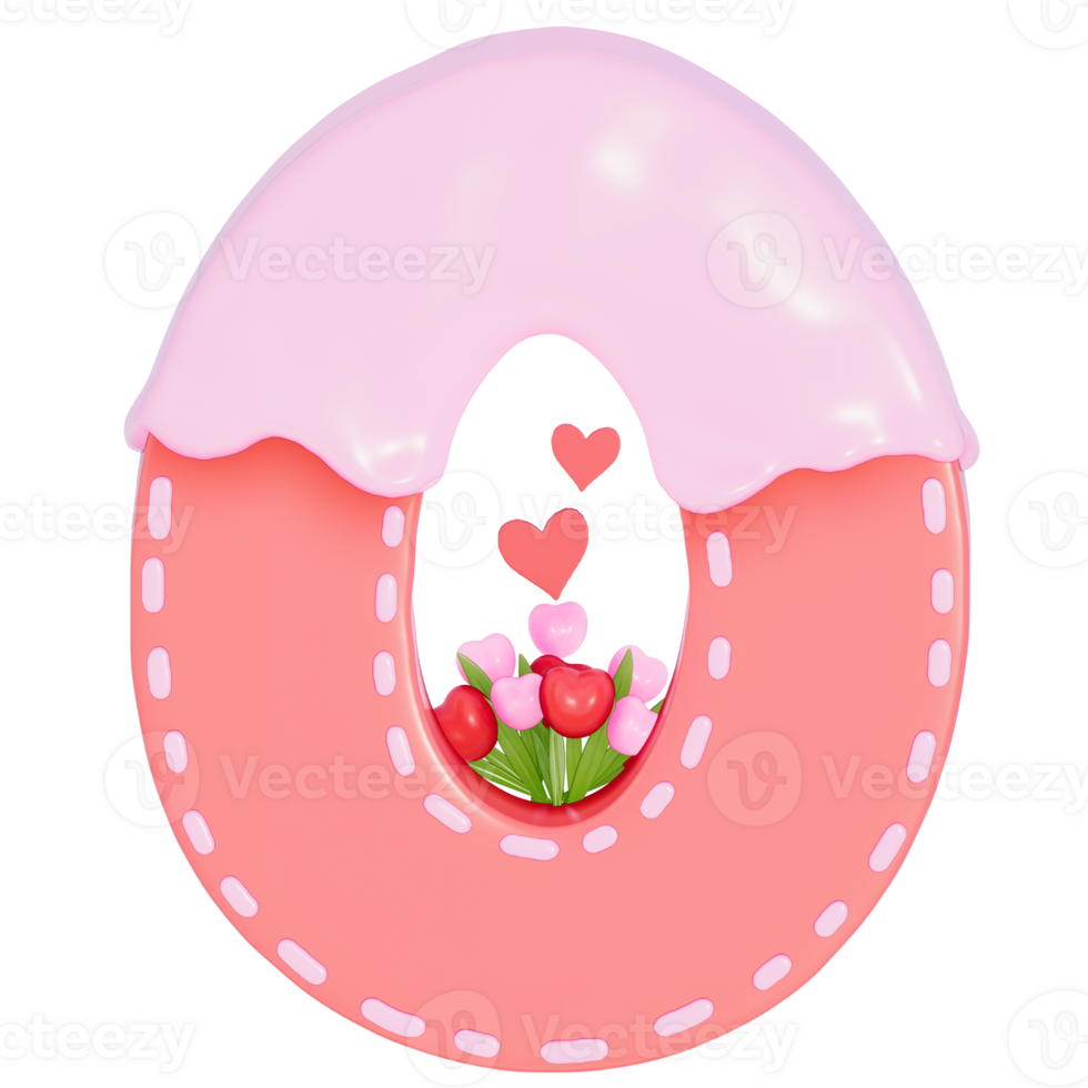 Sweet valentine's day alphabet O with decoration on transparent background , 3D Rendering png