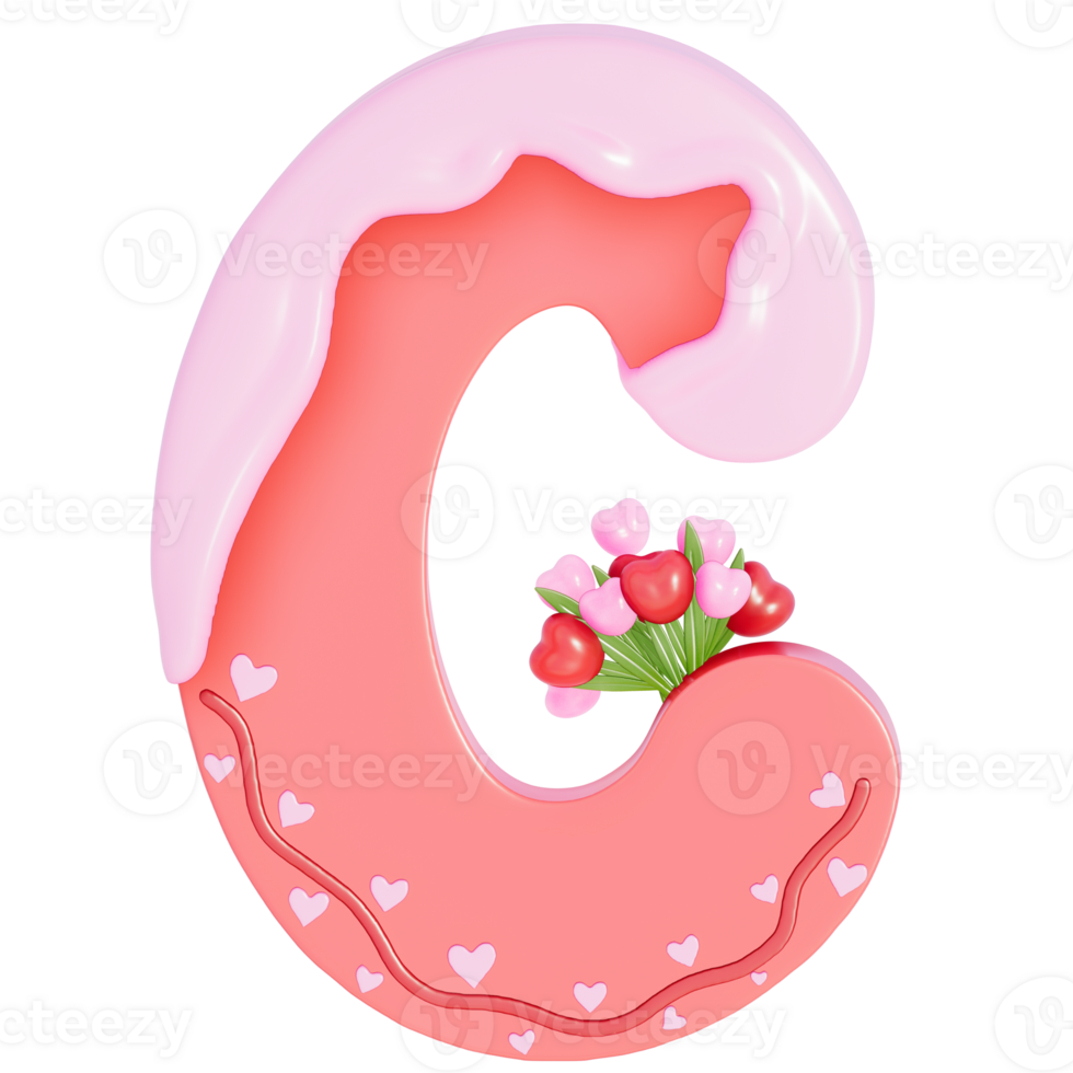 Sweet valentine's day alphabet C with decoration on transparent background , 3D Rendering png