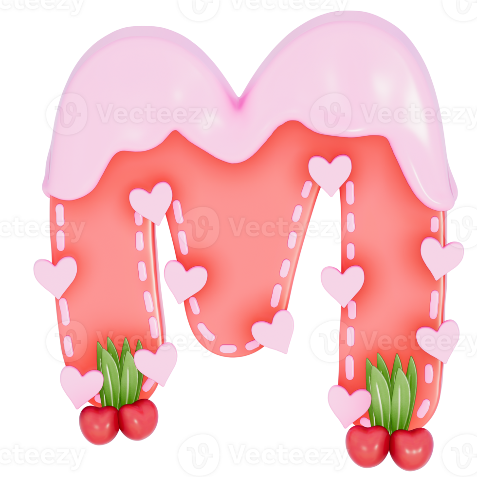 Sweet valentine's day alphabet M with decoration on transparent background , 3D Rendering png