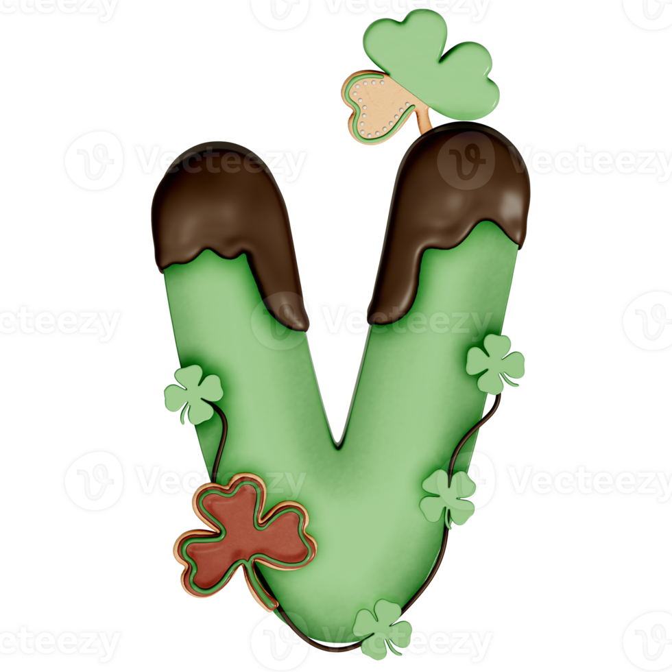St. Patrick's day dessert alphabet V with decoration on transparent background , 3D Rendering png